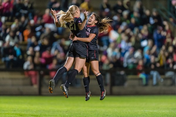 Junior forward Taylor Uhl celebrated her game-winning goal with junior Lo'eau LaBonta during Friday's 1st round NCAA match against Cal State Fullerton. (JIM SHORIN/Stanford Photo)