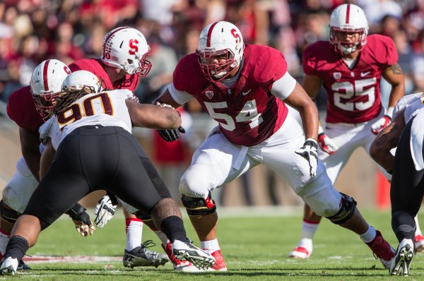 Senior left guard David Yankey (54) is projected to be a late first-round or second-round pick in the 2014 NFL Draft. (Jim Shorin/Stanfordphoto.com_