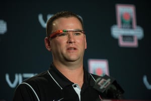 Offensive coordinator Mike Bloomgren wore a pair of Google glasses while addressing the media on Friday. (Don Feria/isiphotos.com)