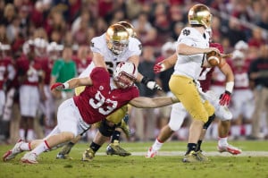 Fifth-year senior outside linebacker Trent Murphy (left) leads the nation in sacks entering what's bound to be a physical 100th Rose Bowl Game. (BOB DREBIN/StanfordPhoto.com)