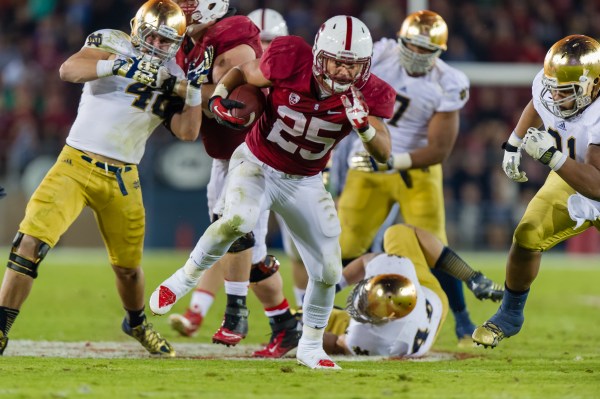 Senior running back Tyler Gaffney (25) has put up the third most rushing yards in a single season in Stanford history and still has two games left. (GRANT SHORIN/Stanfordphoto.com)