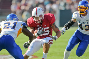 Senior running back Tyler Gaffney has been instrumental to the Cardinal offense this season, with his 1,485 rushing yards on the season ranking third all-time in Stanford history. The Cardinal will look to Gaffney to help defeat the Sun Devils in this Saturday's Pac-12 championship game. (SIMON WARBY/The Stanford Daily)