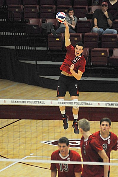 Senior Brian Cook led the Cardinal in blocking, with four blocks on the night. Cardinal offense was led by Cook for the second consecutive match, who recorded 17 kills to go along with seven digs and three blocks. (ZETONG LI/The Stanford Daily)