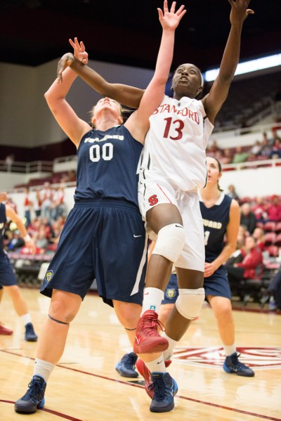 Stanford senior Chiney Ogwumike (right) recorded her 16th double-double in 21 games this season as the Cardinal held off Cal. (FRANK CHEN/The Stanford Daily)