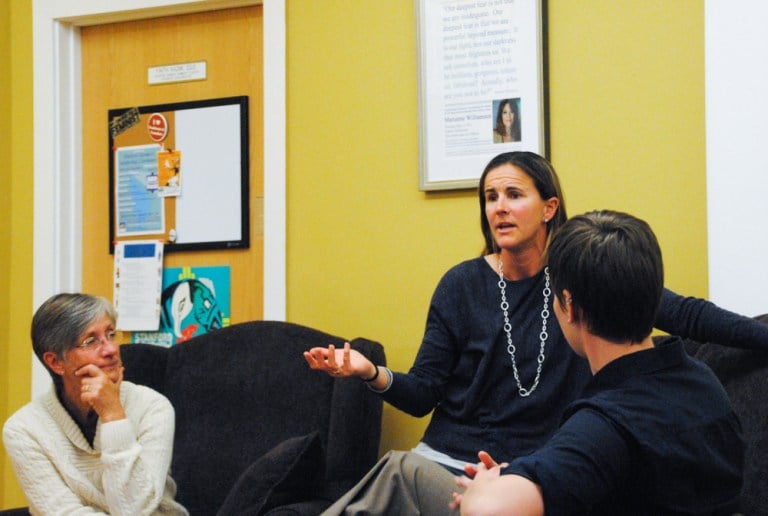 Brandi Chastain, speaking at women's community center