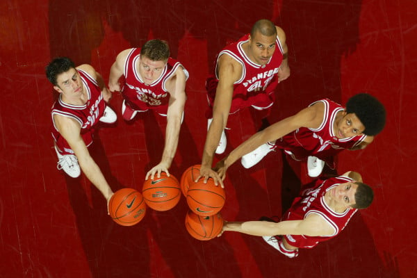 From left to right: guards Chris Hernandez '05 M.A. '06 and Matt Lottich '04, center Rob Little '05 and forwards Josh Childress '05 and Nick Robinson '04 M.A. '05. (DAVID GONZALES/Stanford Athletics)