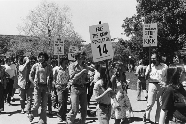 Student demonstration protesting Marine recruting. 04/12/1977