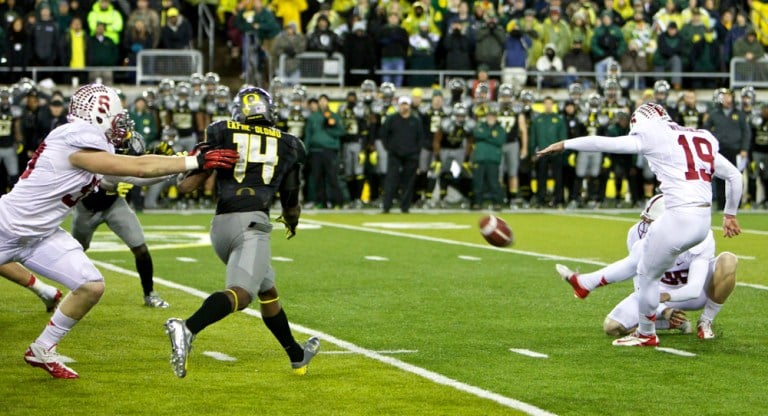 Stanford kicker Jordan Williamson (right) had perhaps the most well publicized psychological development of a Cardinal athlete, as he overcame field goal misses in the Fiesta Bowl to knock off Oregon in overtime in 2012. (CRAIG MITCHELLDYER/StanfordPhoto.com)