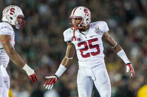 Rising junior corner Alex Carter (right) and the Cardinal secondary have a new defensive backs coach in Duane Akina, who has the experience to replace Derek Mason's specialty: the secondary. (JIM SHORIN/StanfordPhoto.com)