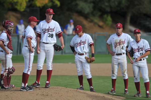 Stanford's trio of freshman pitchers in the weekend rotation, including Chris Viall (38), look to improve on their 3-4 record as they begin the conference season. (SAM GIRVIN/The Stanford Daily)