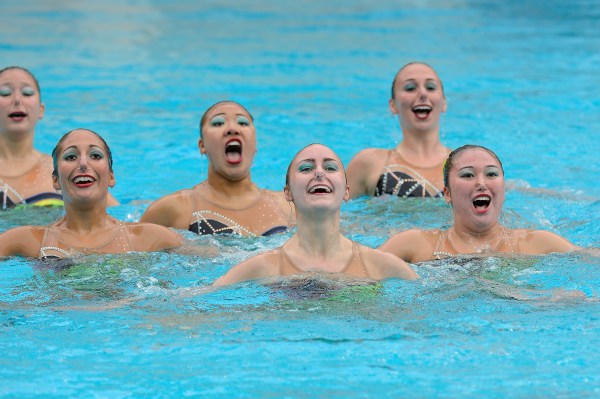 Senior Leigh Haldeman (front center) and junior Megan Hansley (front left) were the only upperclassmen on a young Cardinal synchro team that finished third at the U.S. Nationals on Saturday. (RICHARD C. ERSTED/isiphotos.com)
