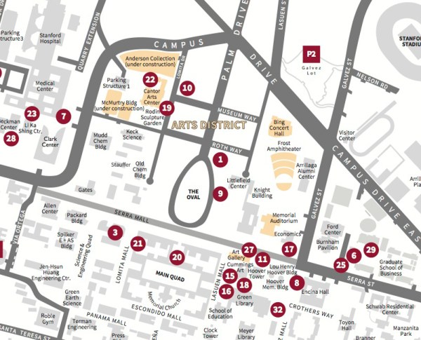 A map of notable arts centers and spaces on Stanford's campus. Courtesy of Stanford University.