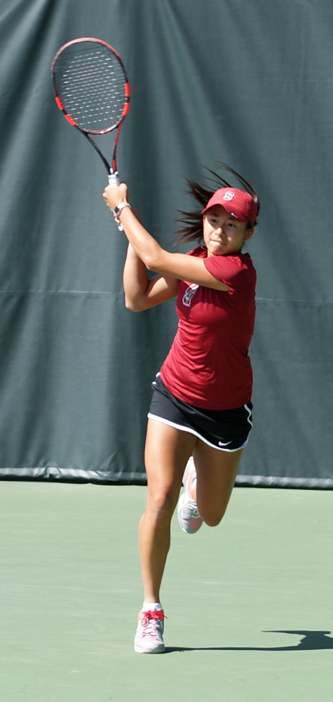 Freshman Carol Zhao (above) has fit in just fine alongside senior Kristie Ahn on the Cardinal's top doubles team, which has risen to No. 10 in the country. (LARRY GE/The Stanford Daily)