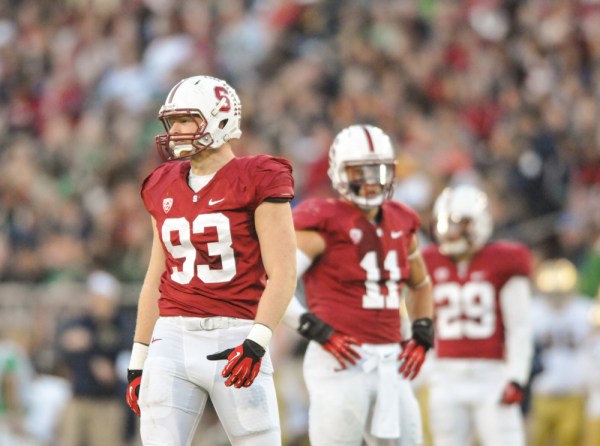 Stanford outside linebacker Trent Murphy (left) was the Cardinal's first player off the board, going in the second round of the NFL Draft. Snubbed was his fellow linebacker, Shayne Skov (center), who signed with San Francisco as an undrafted free agent. (LUIS AGUILAR/The Stanford Daily)