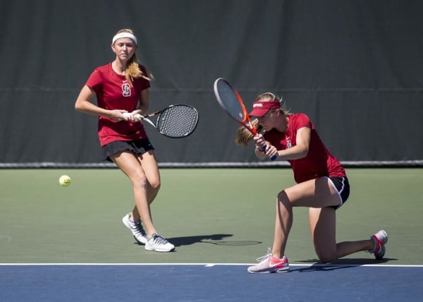 Krista Hardebeck (left) and Caroline Doyle (right) reunited as a doubles pair for the first time in the NCAA Tournament after spending much of the regular season together in a doubles pair. (SHIRLEY PEFLEY/stanfordphoto.com)