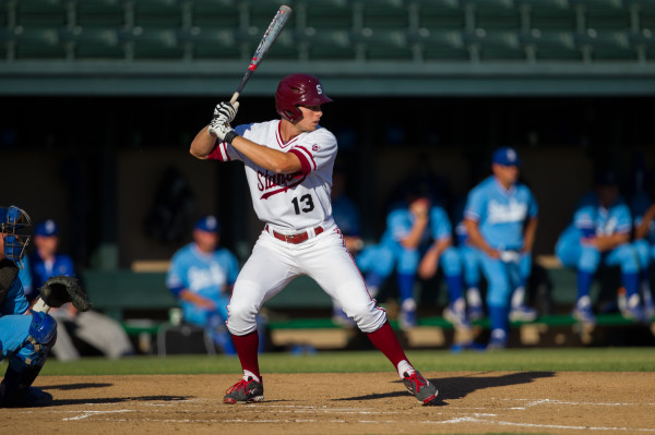 Junior center fielder Austin Slater (above) contributed an RBI double and a solo home run to account for both of Stanford's runs, but it was ultimately not enough as Stanford fell 4-2 to Indiana. (J. ENNIS KIRKLAND/stanfordphoto.com)