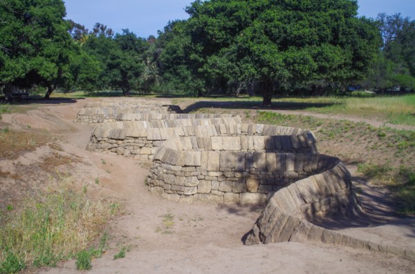 "Stone River," by British sculptor Andy Goldsworthy, is displayed near the Cantor Arts Center. (SAM GIRVIN/The Stanford Daily)