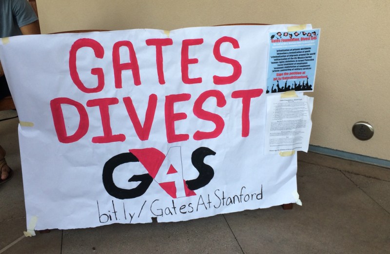 “It’s not about being against the Gates, it’s about trying to make the Gates Foundation hold true to its principle because it does so much good and is an amazing entity,” said Clayton Evans, a student organizer. (CATHERINE ZAW/The Stanford Daily)