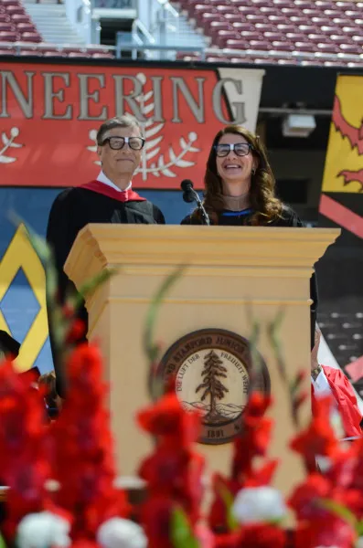 The Gates pridefully donned nerd glasses during their Commencement speech to the Class of 2014. (Frances Guo/The Stanford Daily)