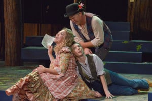 Celia (Greta Wohlrabe) and Touchstone (Mike Ryan) jest with Rosalind (Julia Coffey) about her new found love in Santa Cruz Shakespeare's "As You LIke It." Photo by Jana Marcus.