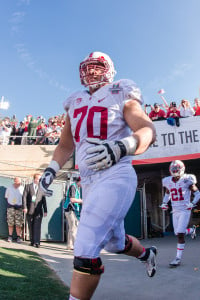 The towering Andrus Peat is the only returning member from last year's starting offensive line. (JIM SHORIN/StanfordPhoto.com)