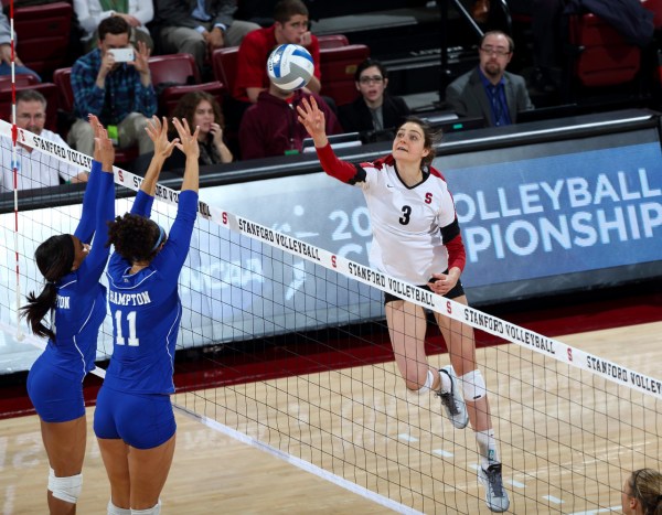 Senior opposite hitter Morgan Boukather (right), the Cardinal's new starter on the right in place of Rachel Williams '14, had a career match on Sunday against No. 7 Nebraska. She matched a career-high with 13 kills, while also tallying a career-best 18 digs. (Hector Garcia-Molina/stanfordphoto.com)