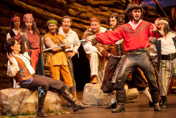 Robert Vann (left) as Frederic (double cast with Sam Faustine) and Ben Brady as the Pirate King (double cast with Charles Martin), The Pirates of Penzance. 
Photo by Charles Martin, 2014.