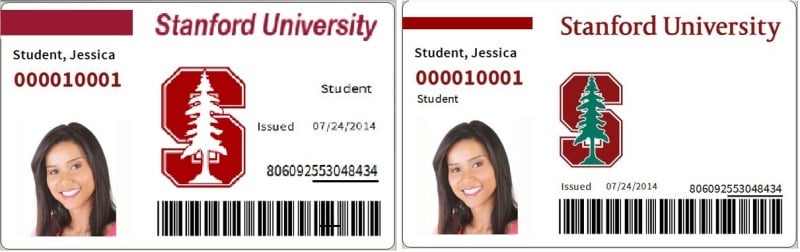 The old Stanford ID card, left, will be replaced with the new design, right, which features space for a Go Pass or Eco Pass sticker.
(Photo: Piotr Marcinski/Shutterstock, Courtesy of Stanford News, Edited by KATHERINE CARR/The Stanford Daily)