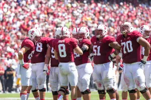 Andrus Peat (70) and Josh Garnett (51) form the left side of a highly touted offensive line for the Cardinal. (TRI NGUYEN/The Stanford Daily)