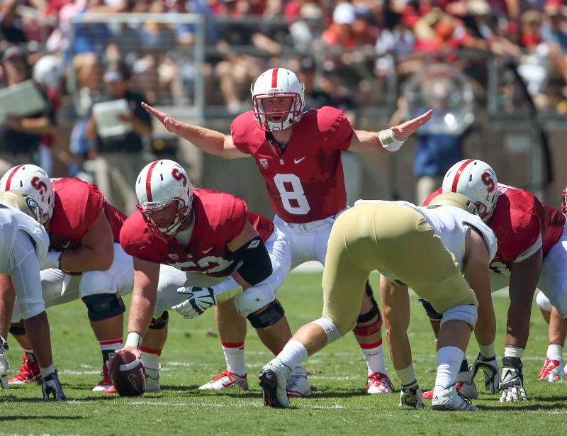 Fifth-year senior quarterback Kevin Hogan (8) and the rest of the Cardinal kick off their 2015 season Saturday, September 5 against Northwestern in Evanston, Illinois. Hogan has earned a 24-8 record as a starting quarterback for Stanford since getting the job his sophomore year.
(HECTOR GARCIA-MOLINA/Stanfordphoto.com)