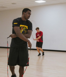 Steward Isaacs ’17 foreground, and  Josh Siegel ’14 helped found the Jump Rope Club. (ERIC THONG/Stanford Daily)
