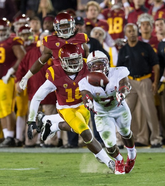 Wide receiver Ty Montgomery dropped a deep ball from quarterback Kevin Hogan on the first drive of last year's game against USC, which Stanford ended up losing 20-17. The drop changed the complexion of the game from the get-go. (DAVID BERNAL/isiphotos.com)