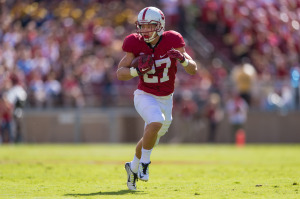 Freshman running back Christian McCaffrey (above) scored Stanford's opening-drive touchdown after a spin move broke him free of two defenders and gave him an open field. (JIM SHORIN/stanfordphoto.com)