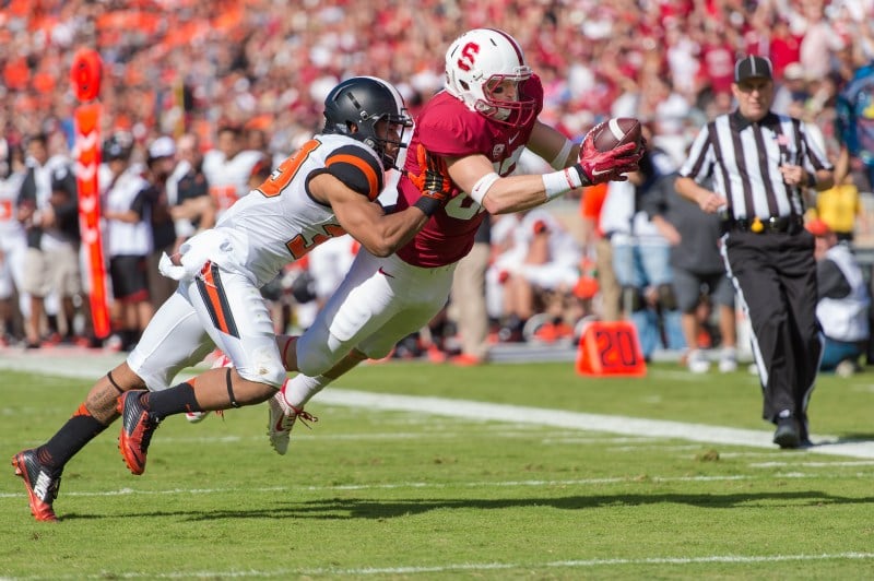 Senior wide receiver Jordan Pratt (right) scored his first career touchdown as the Cardinal offense regained its footing and sliced through the Beavers, 38-14. (JIM SHORIN/stanfordphoto.com)