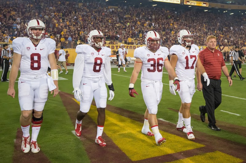 Stanford's captains take the field before kickoff against Arizona State on September 18, 2014. The Cardinal hope to get some positive momentum back by beating Oregon State. (DAVID BERNAL/isiphotos.com)