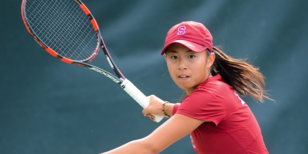 Sophomore Carol Zhao (center) won the USTA/ITA Northwest Regional Championships over fellow Cardinal sophomore Taylor Davidson 7-6 (4), 6-1. The regional final featured two Cardinal players for the first time since 2011. (NICK SALAZAR/ THE STANFORD DAILY)