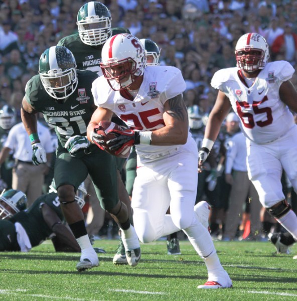 Last season, running back Tyler Gaffney '14 was the x-factor for the Cardinal in the victory over the Ducks, as he rushed a remarkable 45 times and converted seemingly every third and fourth down on which he was given the ball. (AVI BAGLA/The Stanford Daily)