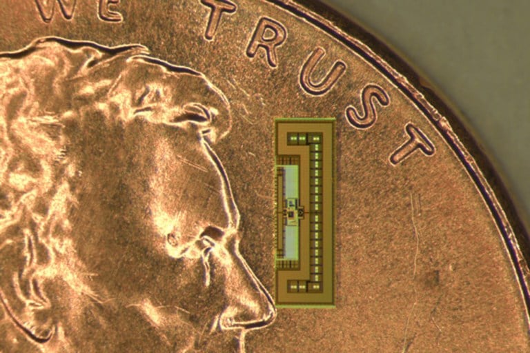 Stanford engineers developed a battery the size of an ant, shown to scale here on a penny. (Courtesy of Amin Arbabian)