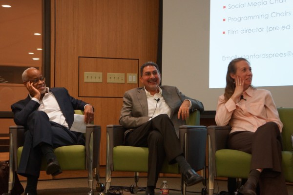 Professors Harry Elam, Mehran Sahami, and Jennifer Schwartz take part in a panel on teaching hosted by SPREES. (KRISTEN STIPANOV/The Stanford Daily)
