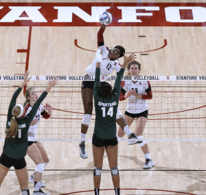 Junior middle blocker Inky Ajanaku was named the Ames regional's Most Outstanding Player after combining to hit .400 with 25 kills over the Cardinal's wins over Oregon State and Florida. (HECTOR GARCIA-MOLINA/stanfordphoto.com)