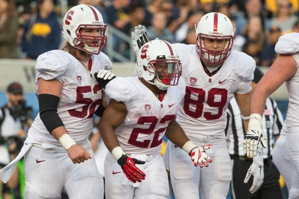 Senior running back Remound Wright (center) has scored 8 touchdowns this season, of which 6 have come in the team's last two games after junior center Graham Shuler (left) and the offensive line finally turned in back-to-back strong performances. Senior wide receiver Devon Cajuste (right) will look to step up as the team's No. 1 receiver after Ty Montgomery was ruled out due to a shoulder injury. (BOB DREBIN/stanfordphoto.com)