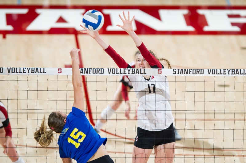 Sophomore middle blocker Merete Lutz ranks fourth in the nation with a .447 hitting percentage so far this season. She combined for 18 kills and 14 blocks in Stanford's two tourney wins last weekend. (KAREN AMBROSE HICKEY/stanfordphoto.com)