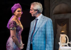 Grace Mugabe (l. Leontyne Mbele-Mbong) has an intimate chat with Dr. Peric (r. Dan Hiatt) about the president’s progress. Courtesy of Aurora Theatre Company