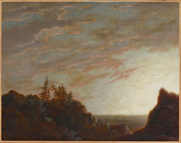 Alexander Cozens (England, b. Russia, 1717–1786), Sunrise over a Rocky Coastland, c.1780-85. Oil on paper. Courtesy of Cantor Arts Center collection.