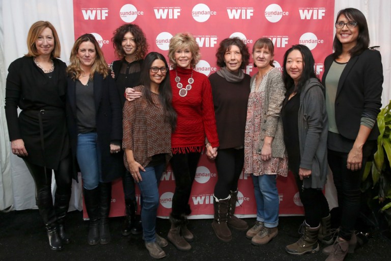 PARK CITY, UT - JANUARY 26:  (L-R) Keri Putnam, Tracy Droz Tragos, Elisabeth Holm, Cristina Ibarra, Jane Fonda, Lily Tomlin, Kat Candler, Su Kim, and Sydney Freeland attend the Woman at Sundance Brunch during the 2015 Sundance Film Festival on January 26, 2015 in Park City, Utah.  (Photo by Mat Hayward/Getty Images for Sundance)