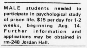 The original 1971 ad for subjects in the Stanford Prison Experiment published in The Stanford Daily.