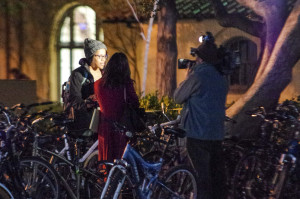 A reporter interviews a student in White Plaza after the announcement that Brock Turner would face five felony charges. (SAM GIRVIN/The Stanford Daily)