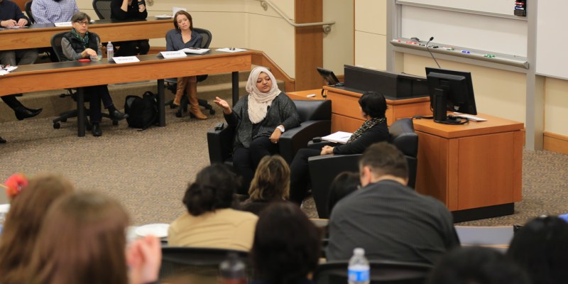 Rabia Chaudry (left) discussed her "Serial" podcasts at Stanford Law School on Monday afternoon. (KEVIN HSU/The Stanford Daily)