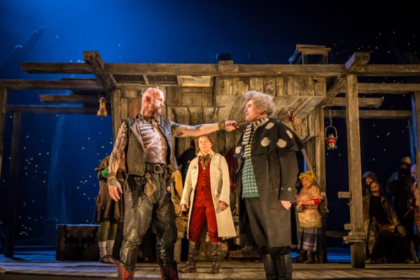 l-r AIDAN KELLY (Bill Bones), HELENA LYMBERY (Dr Livesey) and NICK FLETCHER (Squire Trelawney). Photo by Johan Persson courtesy of National Theatre