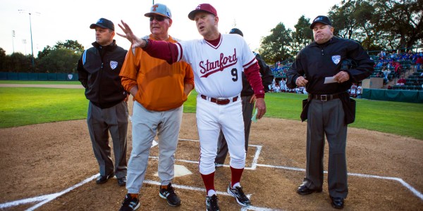 Stanford baseball head coach Mark Marquess (center) extolled the abilities of his returning pitching talent while highlighting the team's lack of position player experience at Bay Area Baseball Media Day on Monday. (KYLE TERADA/stanfordphoto.com)